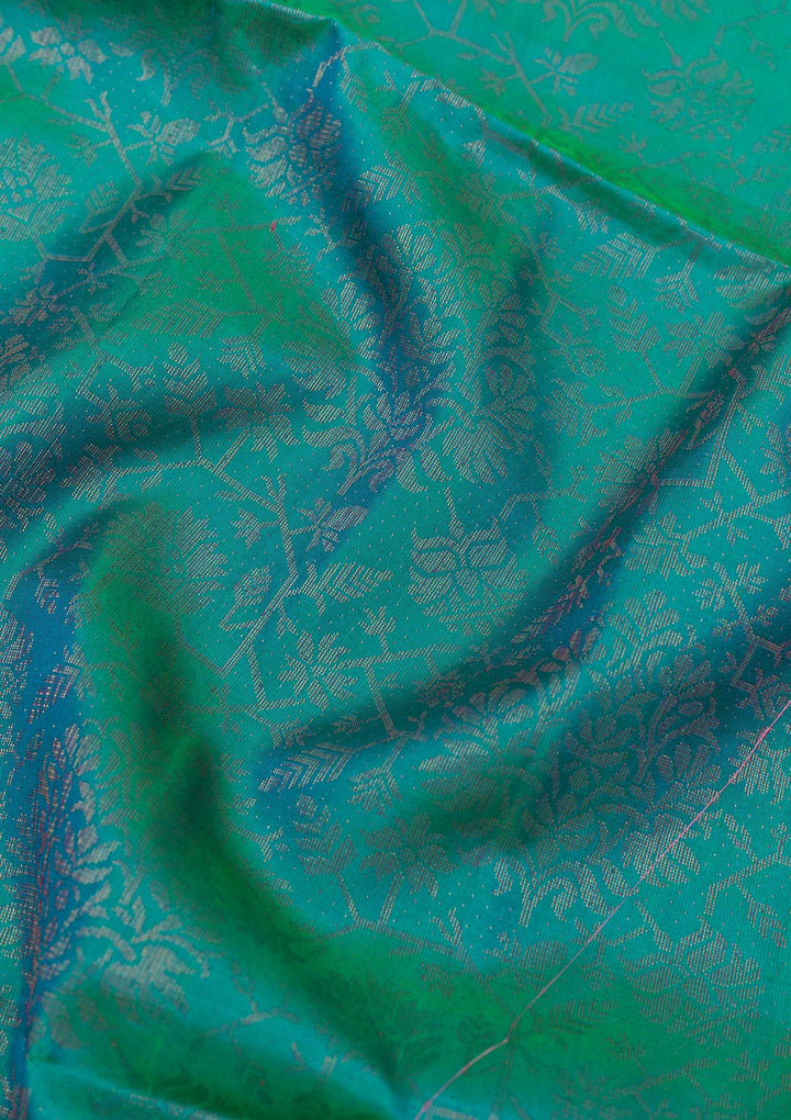 Peacock Blue Silk Jaal Gold Zariwork Saree With Matching Blouse Piece