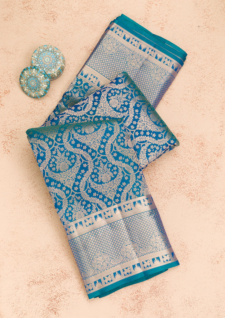 Royal Blue Pure Silk Jaal Zariwork Saree With Matching Blouse Piece