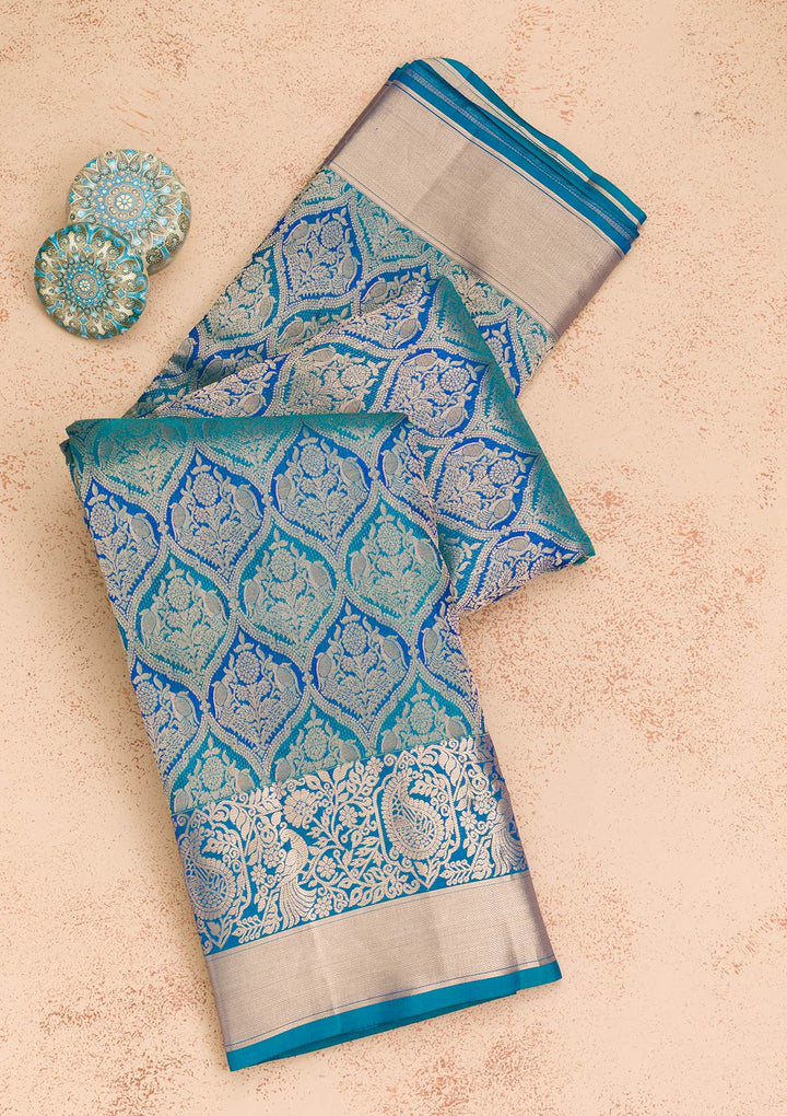 Royal Blue Silk Jaal Gold Zariwork Saree With Matching Blouse Piece
