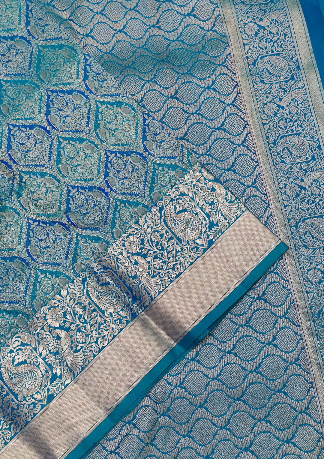 Royal Blue Silk Jaal Gold Zariwork Saree With Matching Blouse Piece