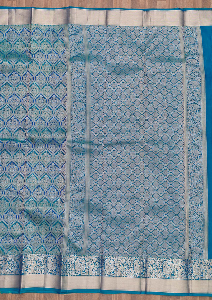 Royal Blue Silk Jaal Gold Zariwork Saree With Matching Blouse Piece