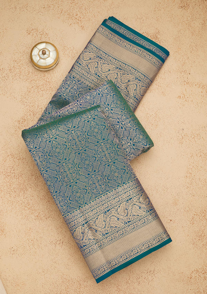Peacock Blue Silk Jaal Gold Zariwork Saree With Matching Blouse Piece