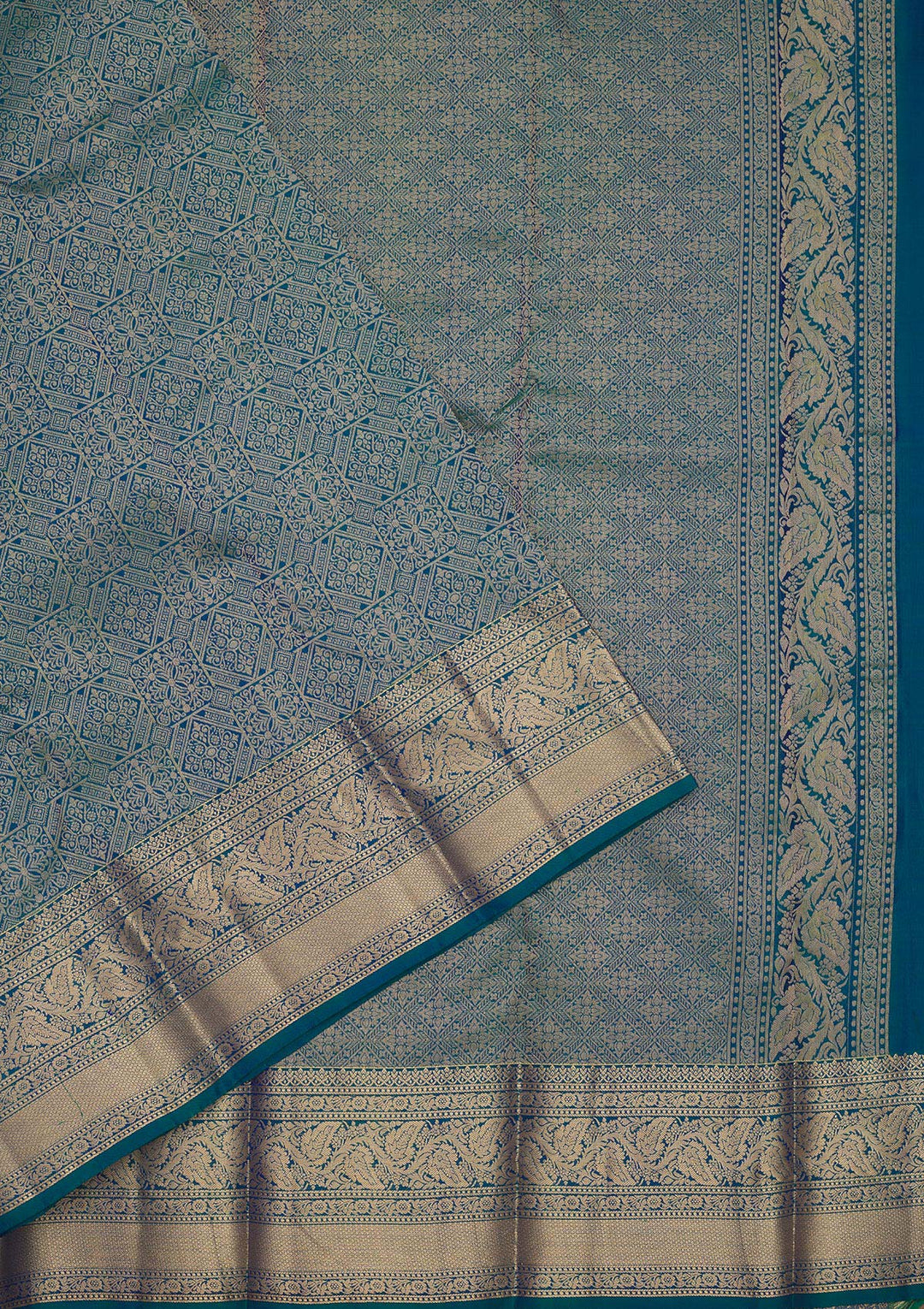 Peacock Blue Silk Jaal Gold Zariwork Saree With Matching Blouse Piece