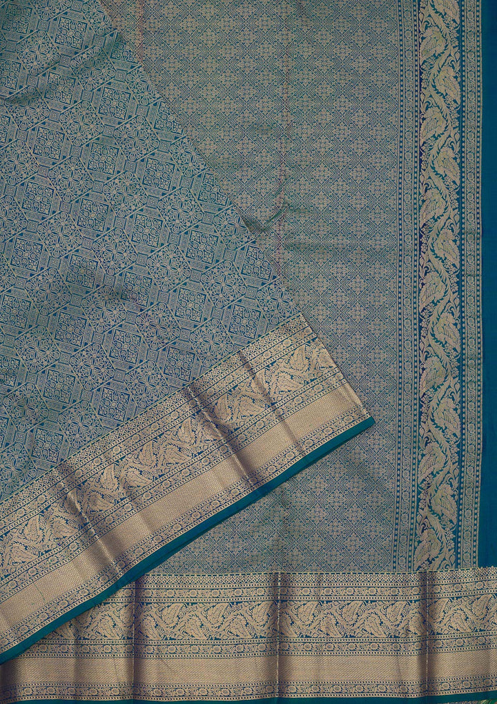 Peacock Blue Silk Jaal Gold Zariwork Saree With Matching Blouse Piece