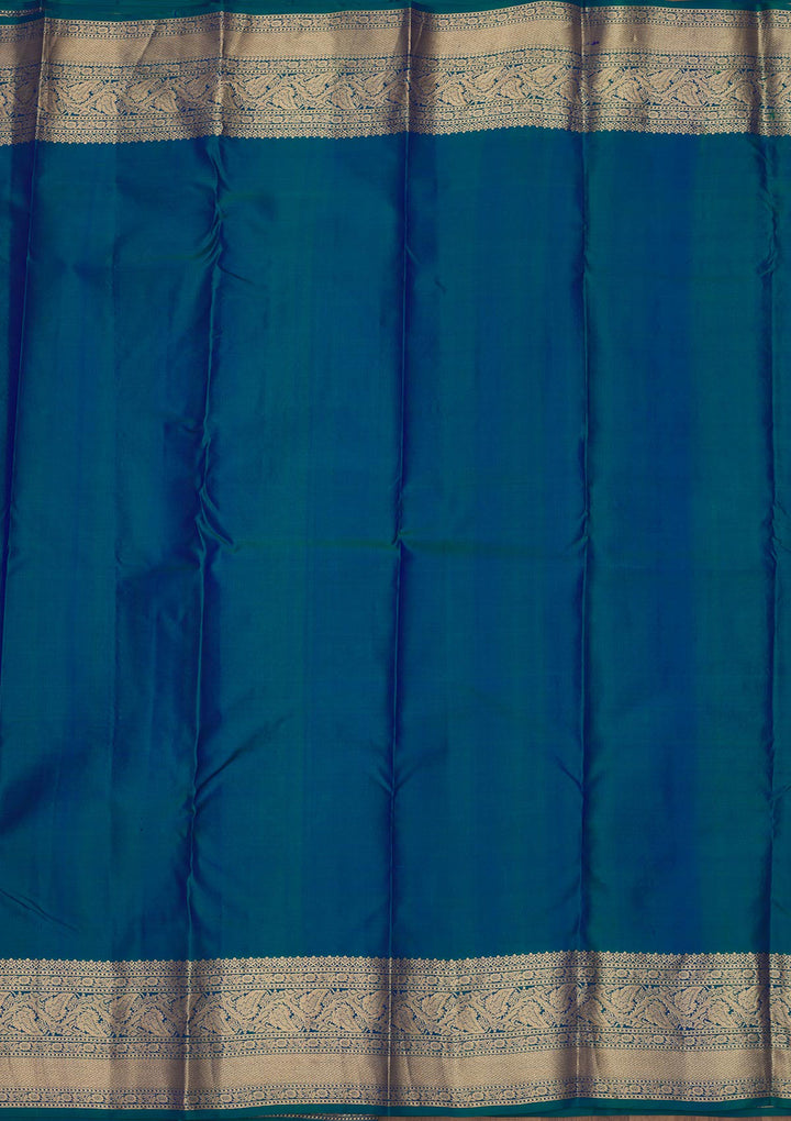 Peacock Blue Silk Jaal Gold Zariwork Saree With Matching Blouse Piece