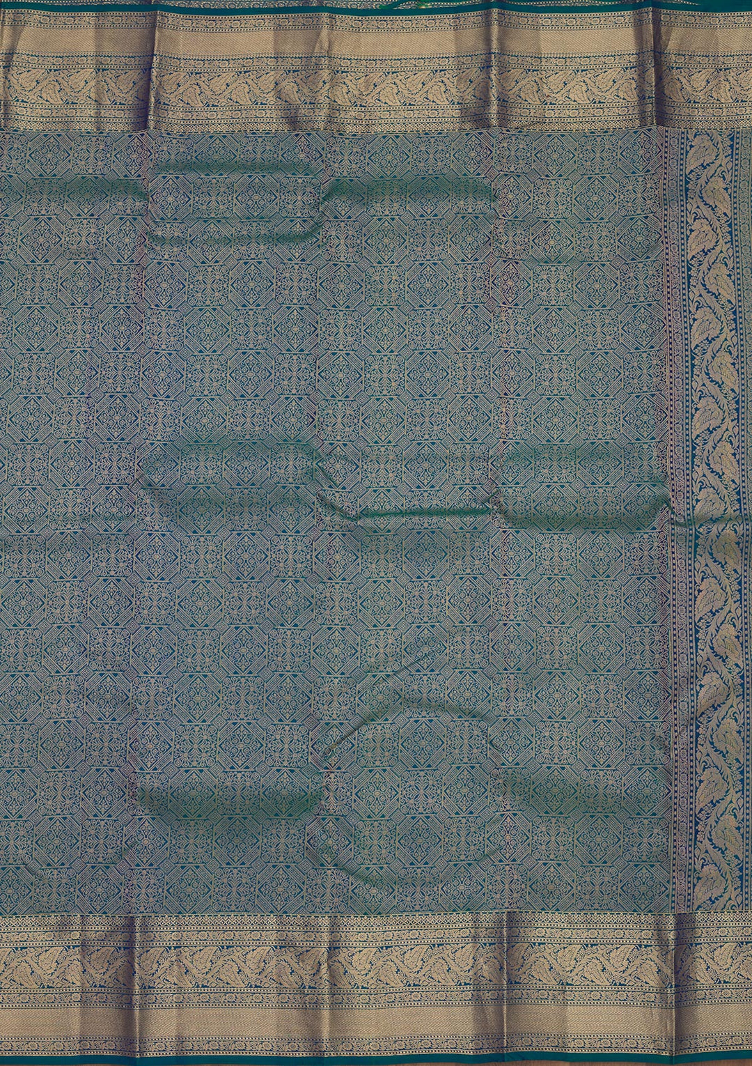 Peacock Blue Silk Jaal Gold Zariwork Saree With Matching Blouse Piece