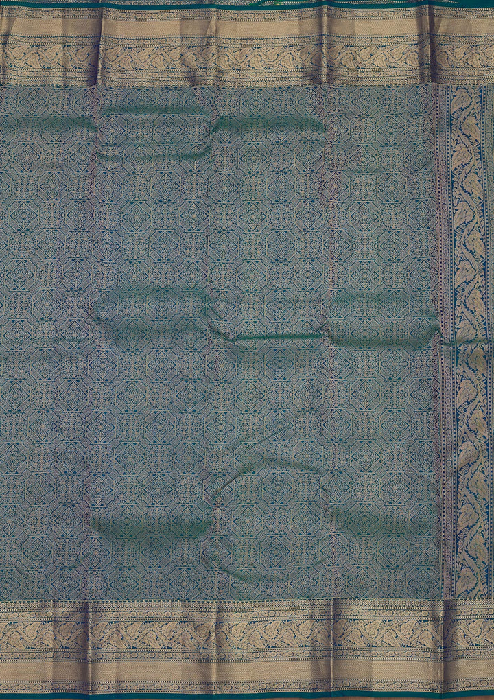 Peacock Blue Silk Jaal Gold Zariwork Saree With Matching Blouse Piece