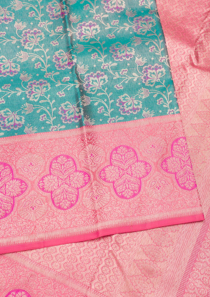 Peacock Blue Silk Jaal Gold Zariwork Saree With Matching Blouse Piece