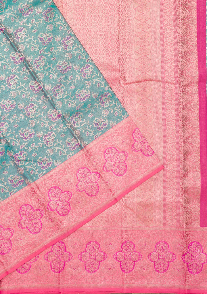 Peacock Blue Silk Jaal Gold Zariwork Saree With Matching Blouse Piece