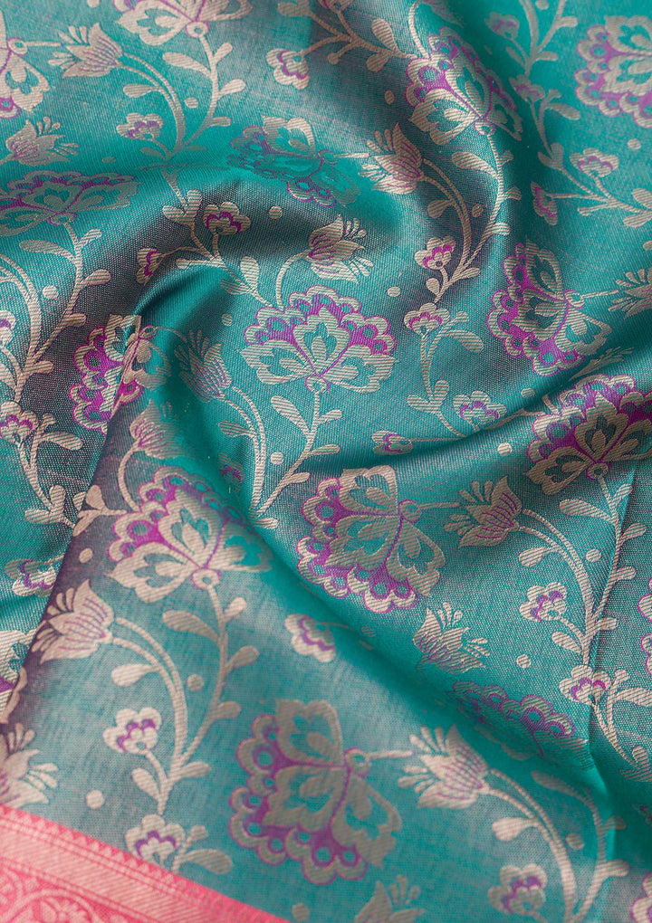 Peacock Blue Silk Jaal Gold Zariwork Saree With Matching Blouse Piece