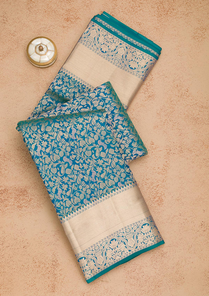 Peacock Blue Pure Silk Jaal Zariwork Saree With Matching Blouse Piece