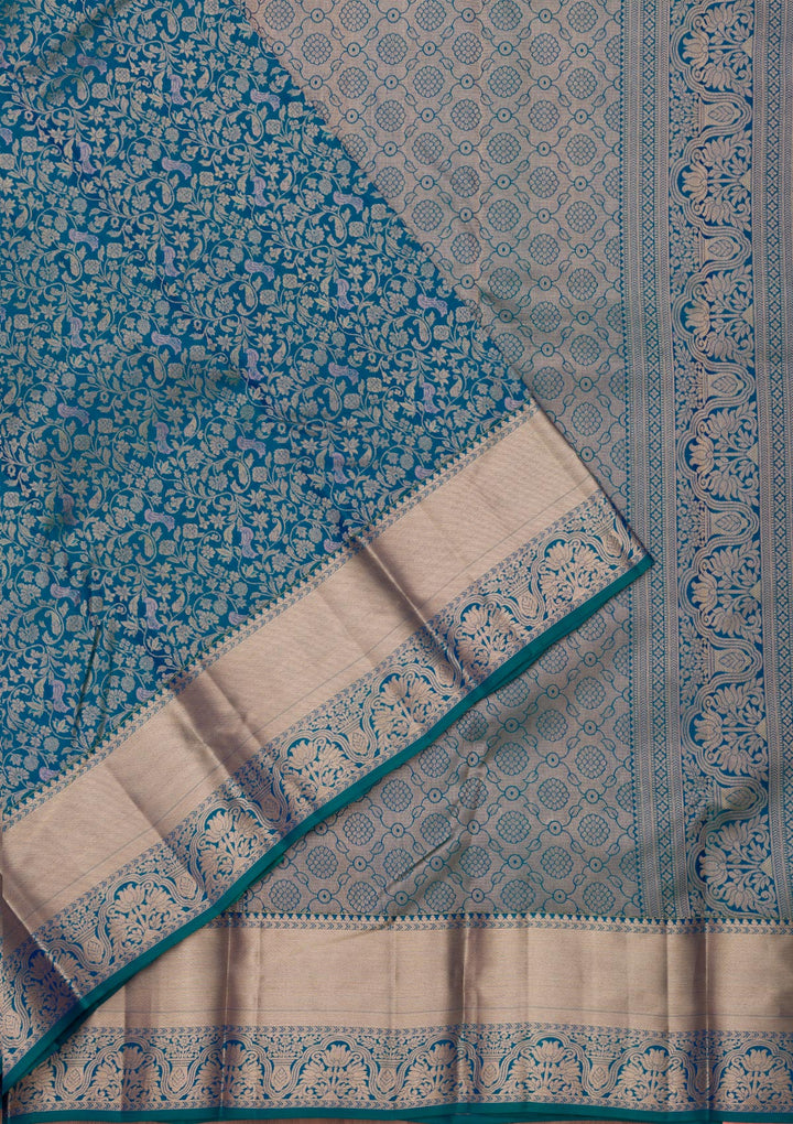Peacock Blue Pure Silk Jaal Zariwork Saree With Matching Blouse Piece