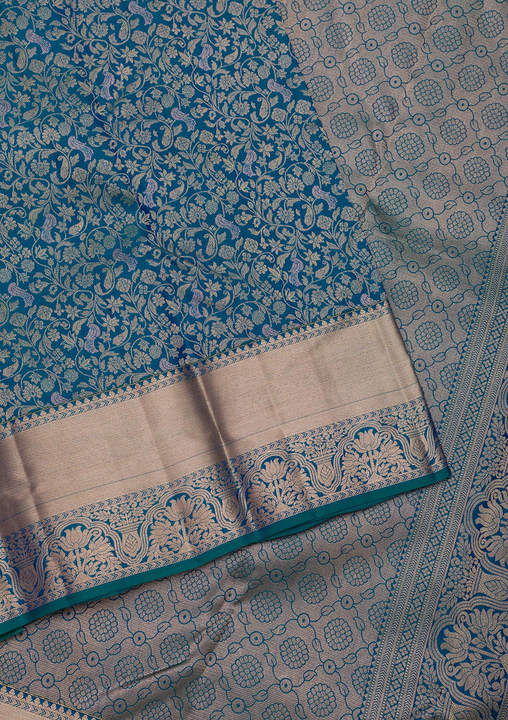 Peacock Blue Pure Silk Jaal Zariwork Saree With Matching Blouse Piece