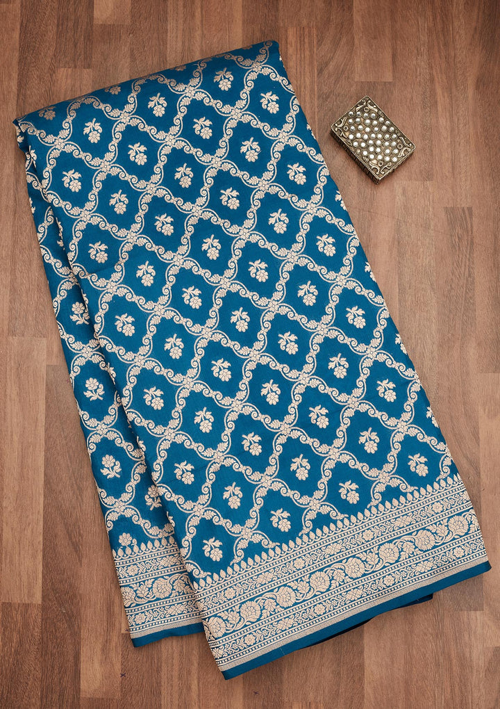 Peacock Blue Silk Jaal Zariwork Saree With Matching Blouse Piece