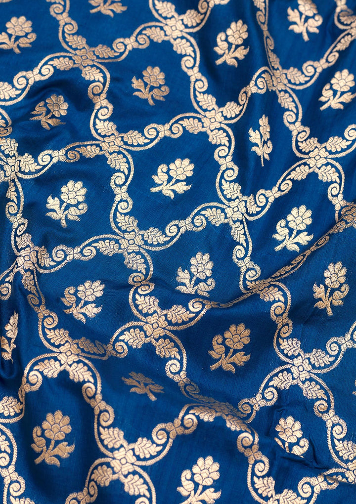 Peacock Blue Silk Jaal Zariwork Saree With Matching Blouse Piece