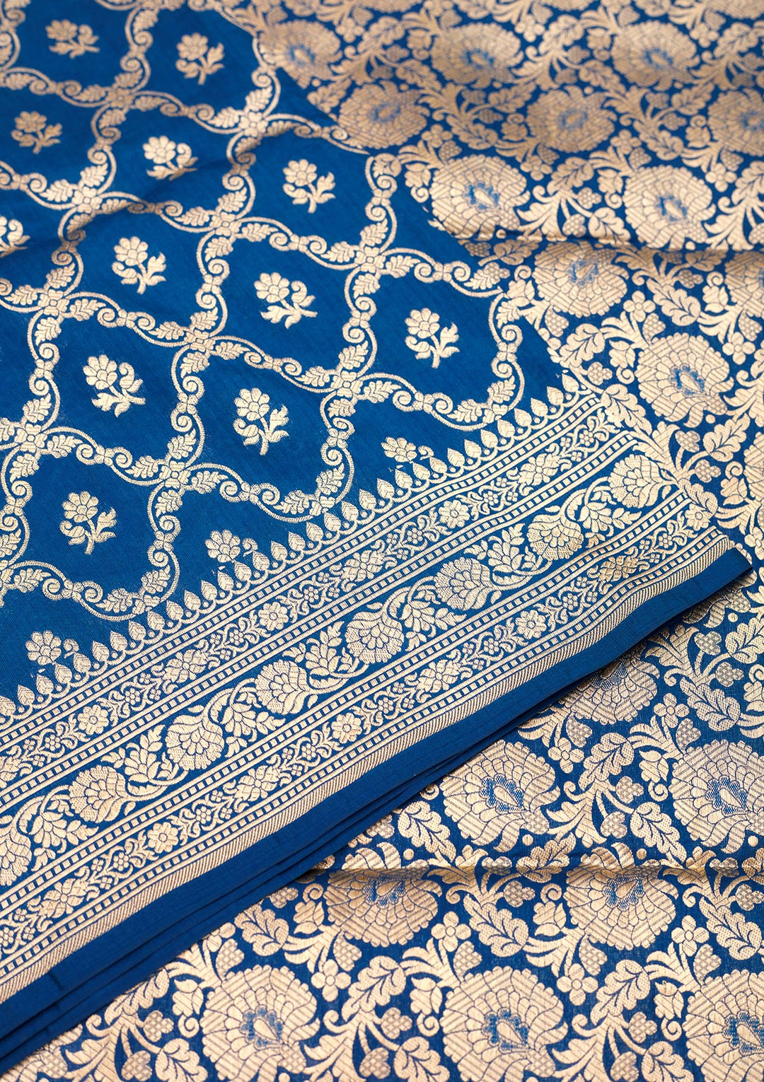 Peacock Blue Silk Jaal Zariwork Saree With Matching Blouse Piece
