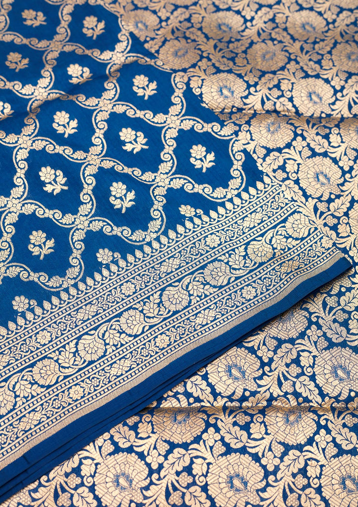 Peacock Blue Silk Jaal Zariwork Saree With Matching Blouse Piece
