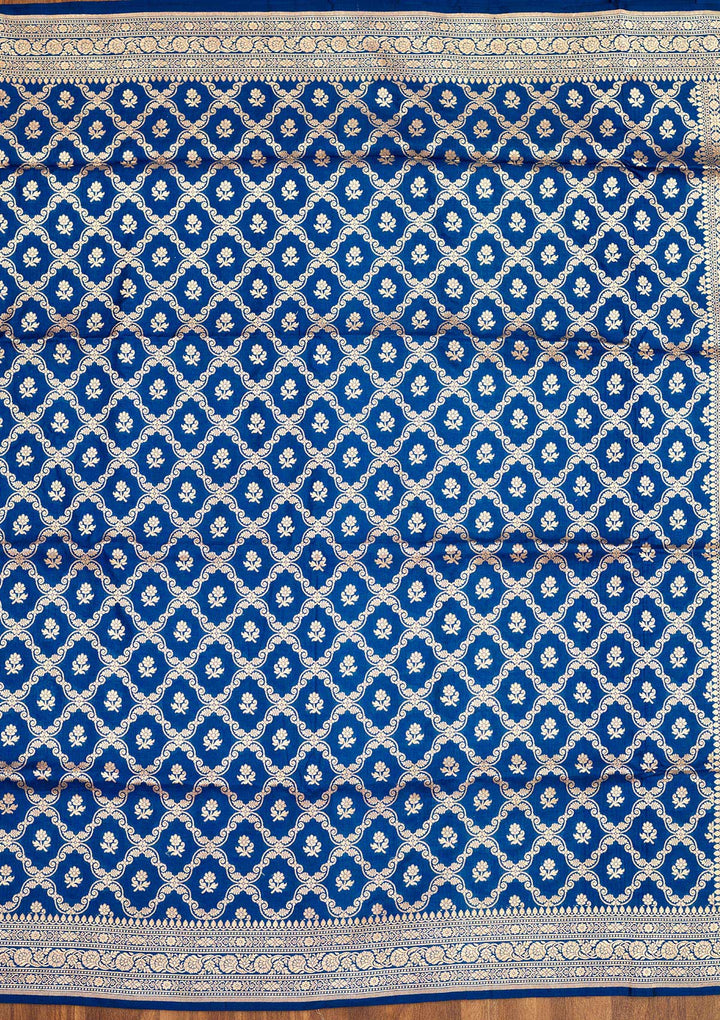 Peacock Blue Silk Jaal Zariwork Saree With Matching Blouse Piece