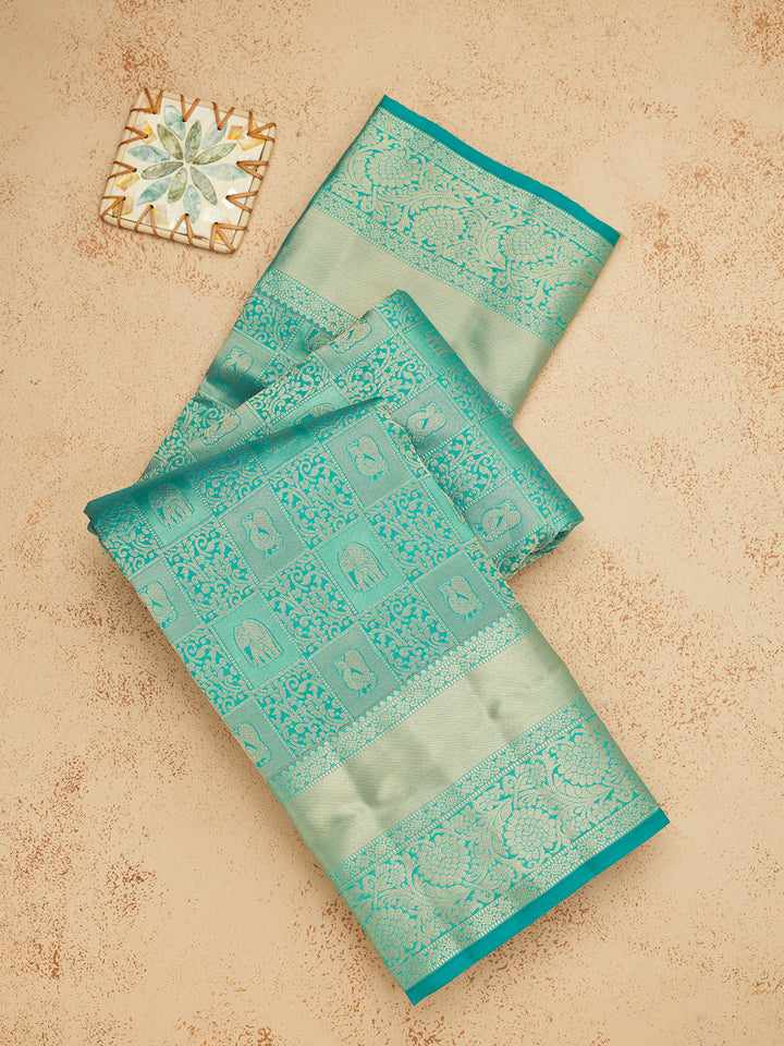 Peacock Blue Pure Silk Jaal Zariwork Saree With Matching Blouse Piece