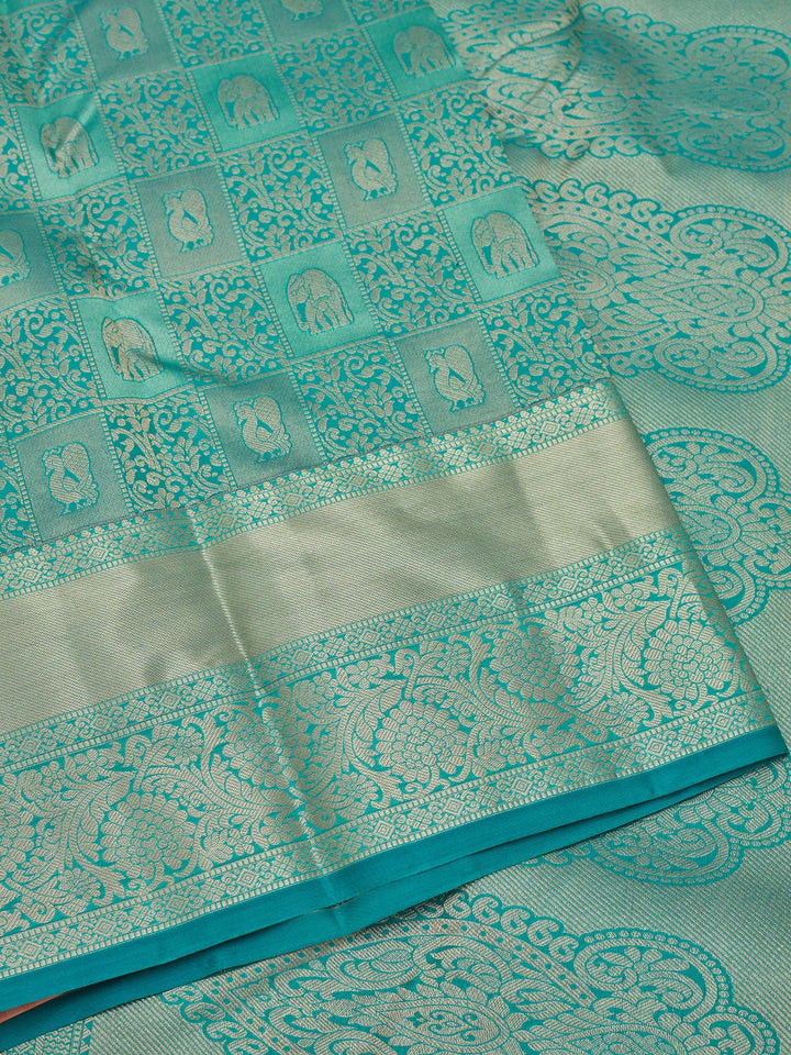 Peacock Blue Pure Silk Jaal Zariwork Saree With Matching Blouse Piece