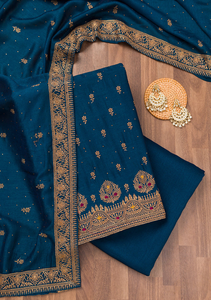 Peacock Blue Zariwork Raw Silk Unstitched Salwar Suit