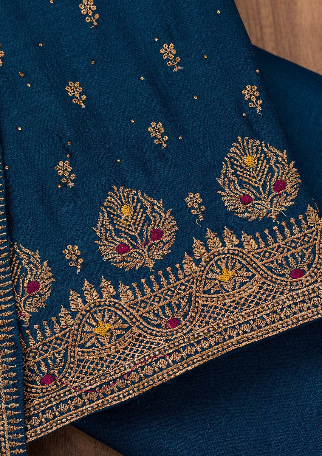 Peacock Blue Zariwork Raw Silk Unstitched Salwar Suit