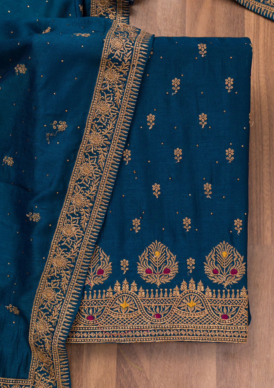 Peacock Blue Zariwork Raw Silk Unstitched Salwar Suit