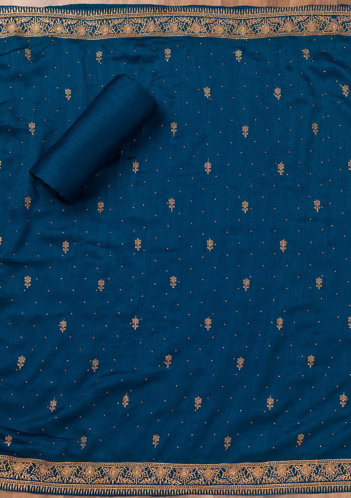 Peacock Blue Zariwork Raw Silk Unstitched Salwar Suit