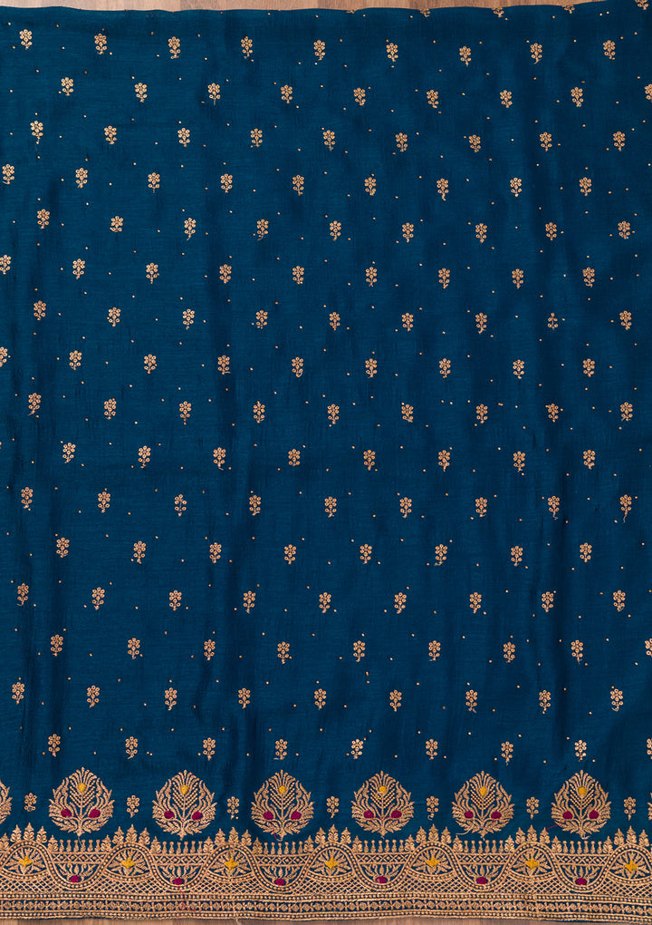Peacock Blue Zariwork Raw Silk Unstitched Salwar Suit