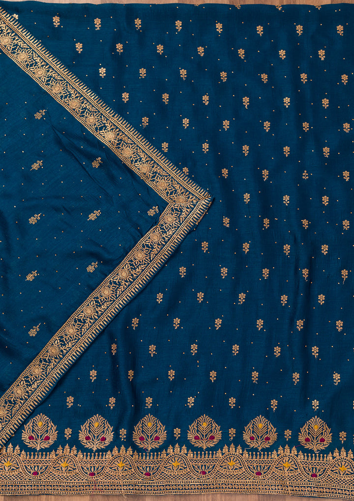 Peacock Blue Zariwork Raw Silk Unstitched Salwar Suit