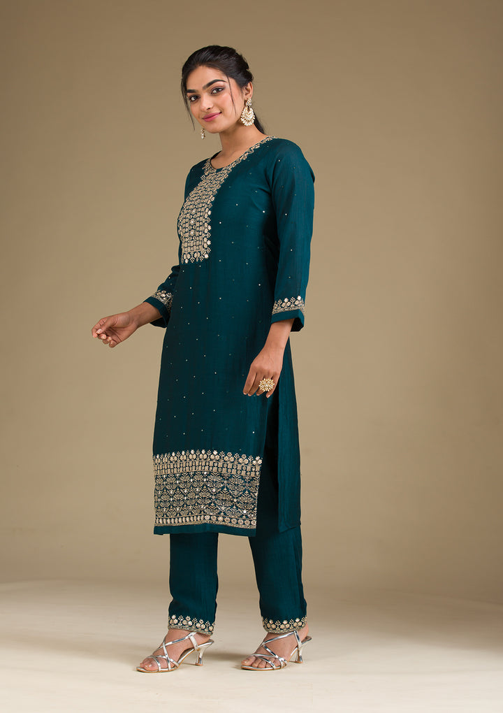 Peacock Green Zariwork Art Silk Readymade Salwar Suit