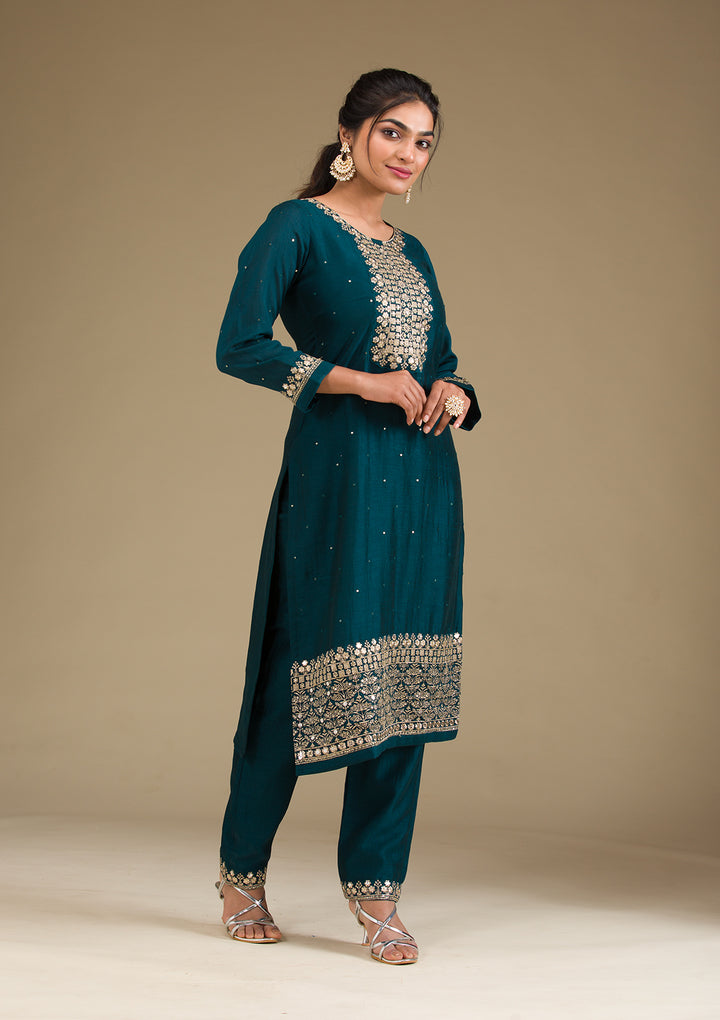 Peacock Green Zariwork Art Silk Readymade Salwar Suit
