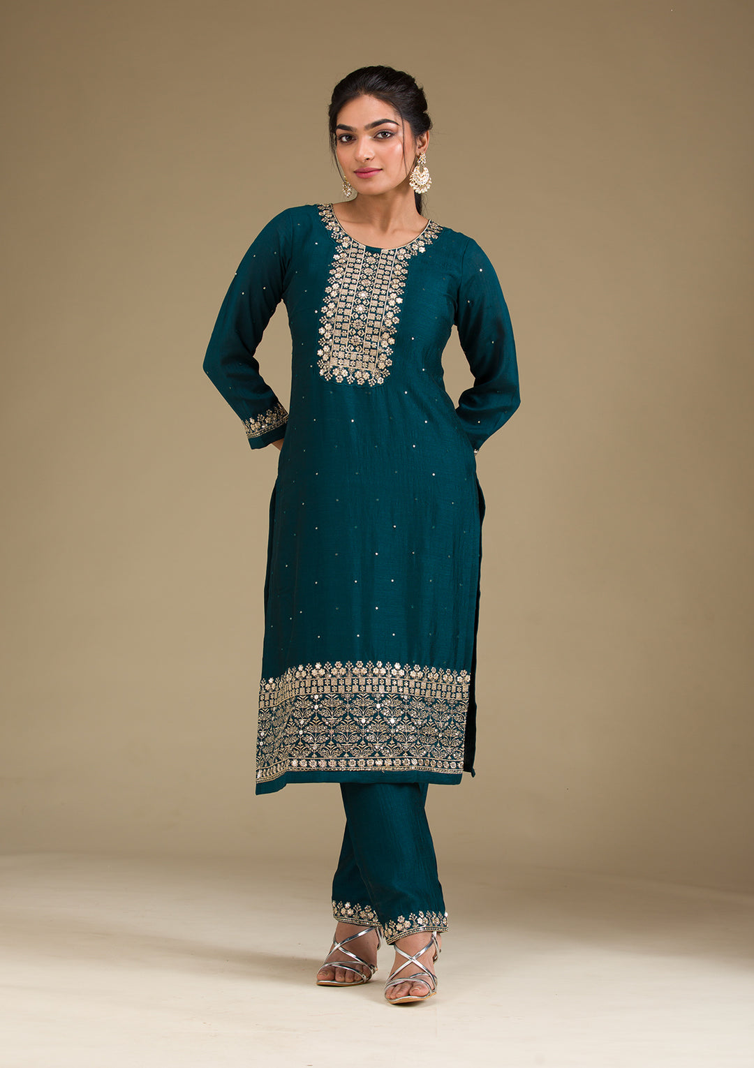 Peacock Green Zariwork Art Silk Readymade Salwar Suit