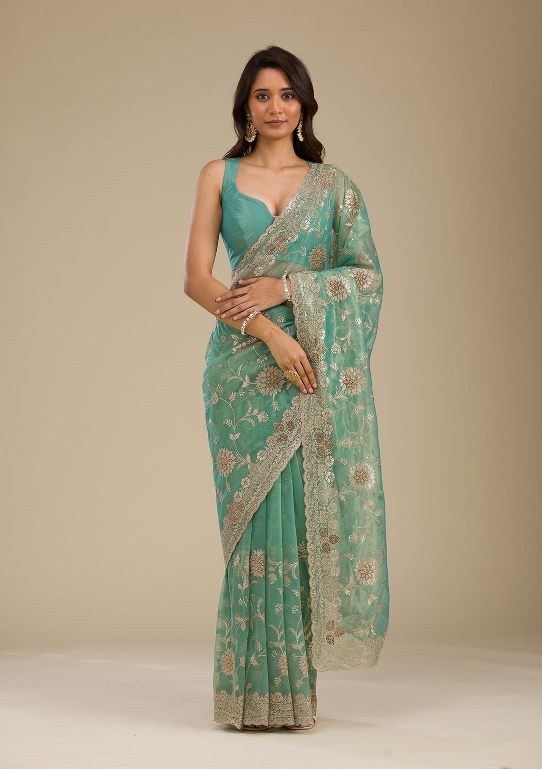 Peacock Green Tissue Gold Zariwork Saree With Matching Blouse Piece