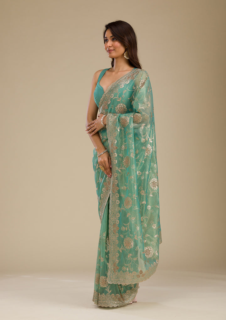 Peacock Green Tissue Gold Zariwork Saree With Matching Blouse Piece