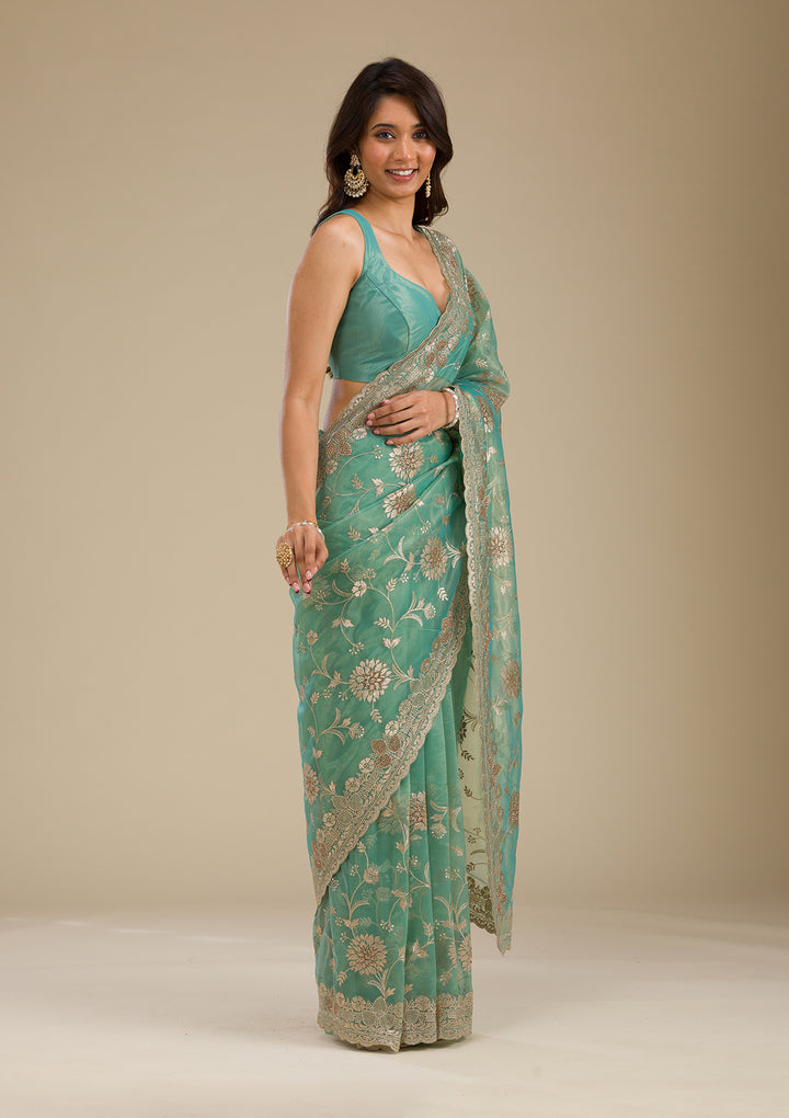 Peacock Green Tissue Gold Zariwork Saree With Matching Blouse Piece