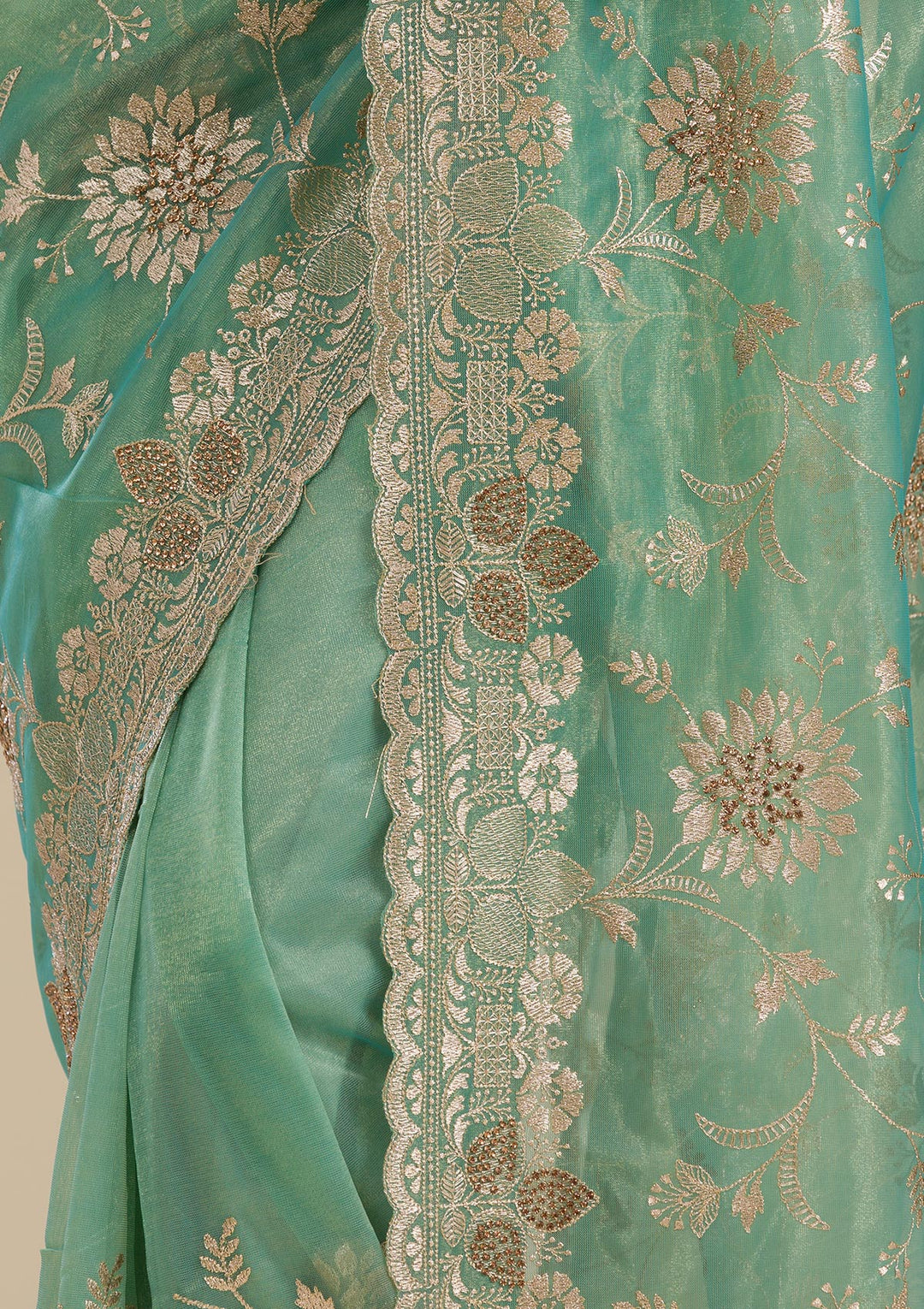 Peacock Green Tissue Gold Zariwork Saree With Matching Blouse Piece