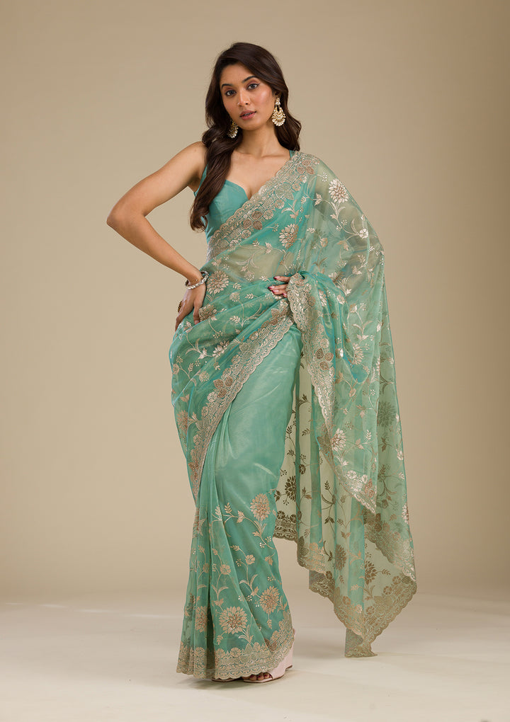 Peacock Green Tissue Gold Zariwork Saree With Matching Blouse Piece
