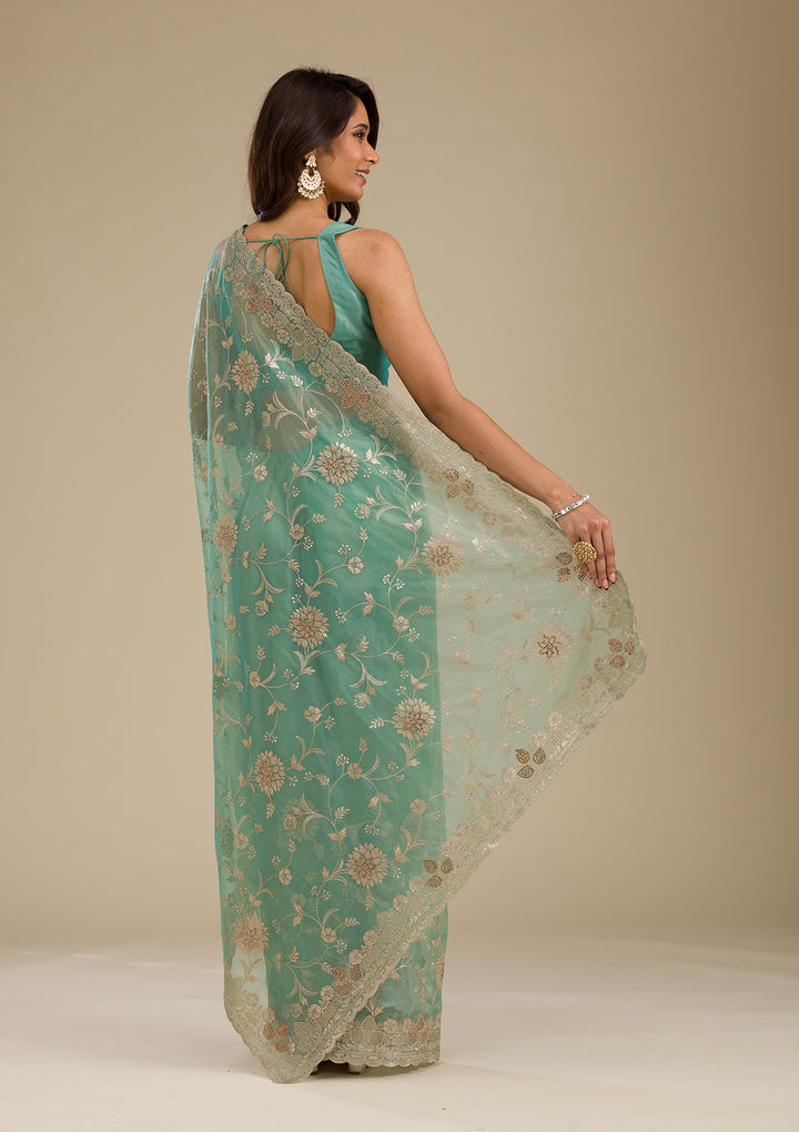 Peacock Green Tissue Gold Zariwork Saree With Matching Blouse Piece
