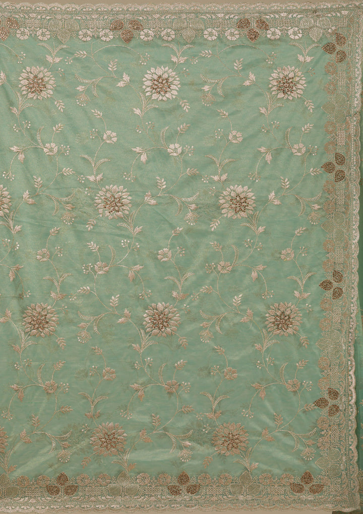 Peacock Green Tissue Gold Zariwork Saree With Matching Blouse Piece