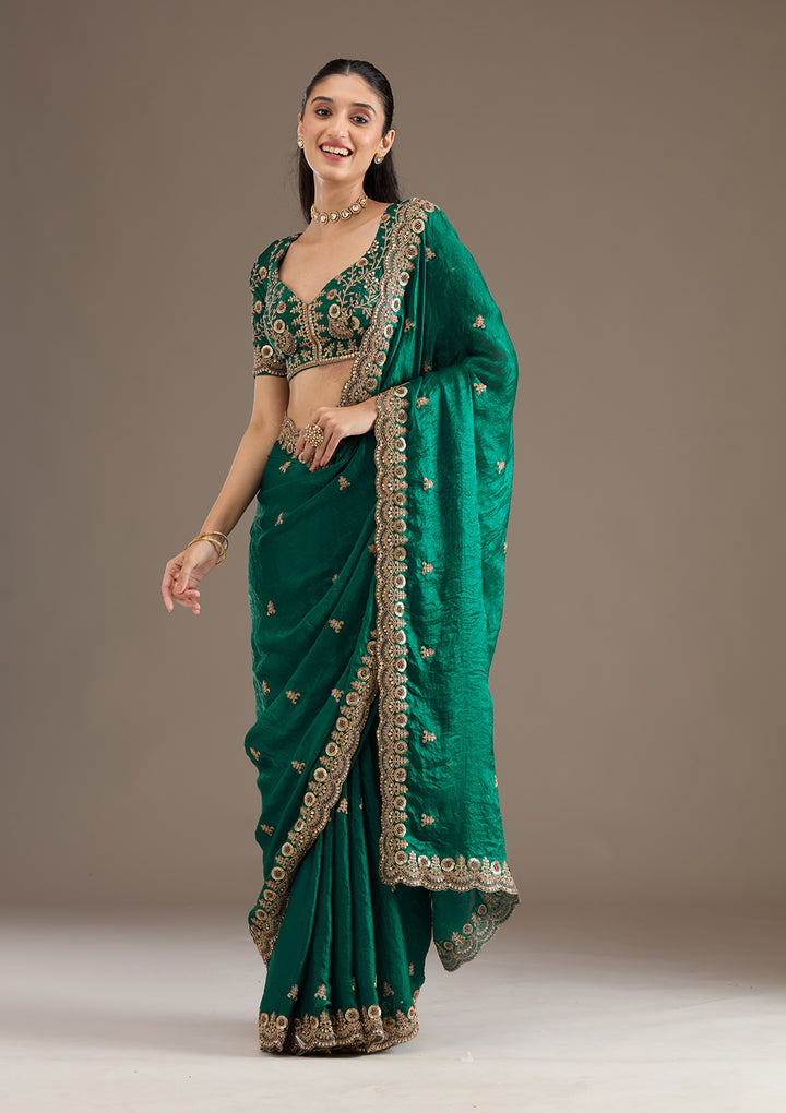 Peacock Green Zariwork Tissue Saree