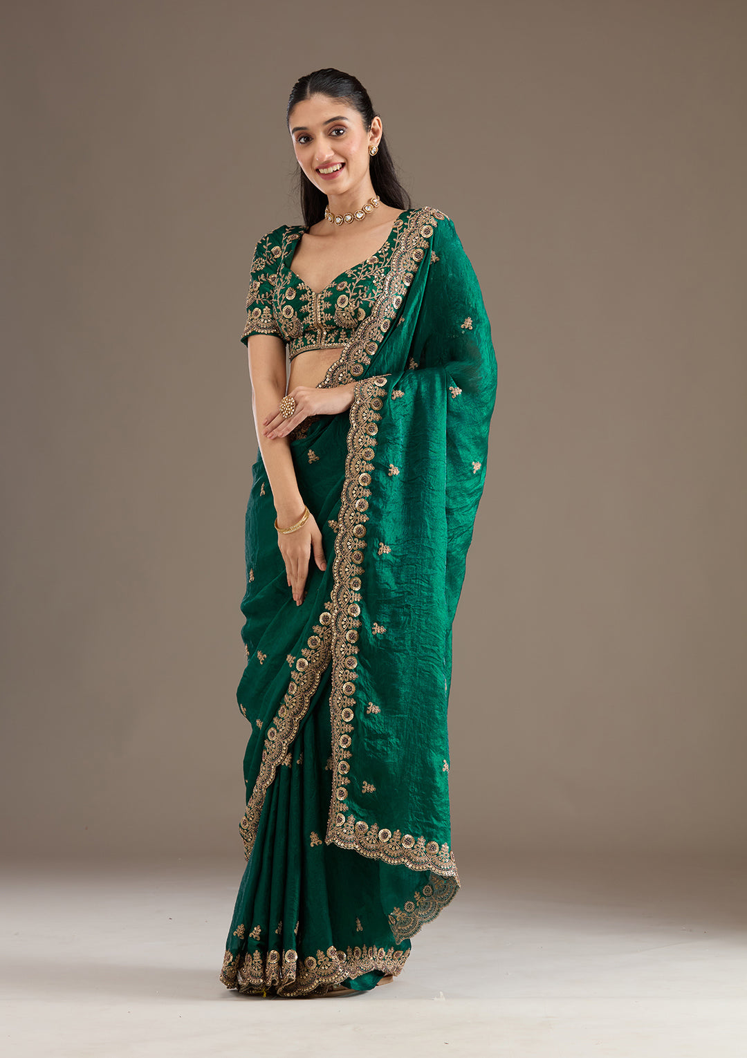 Peacock Green Zariwork Tissue Saree