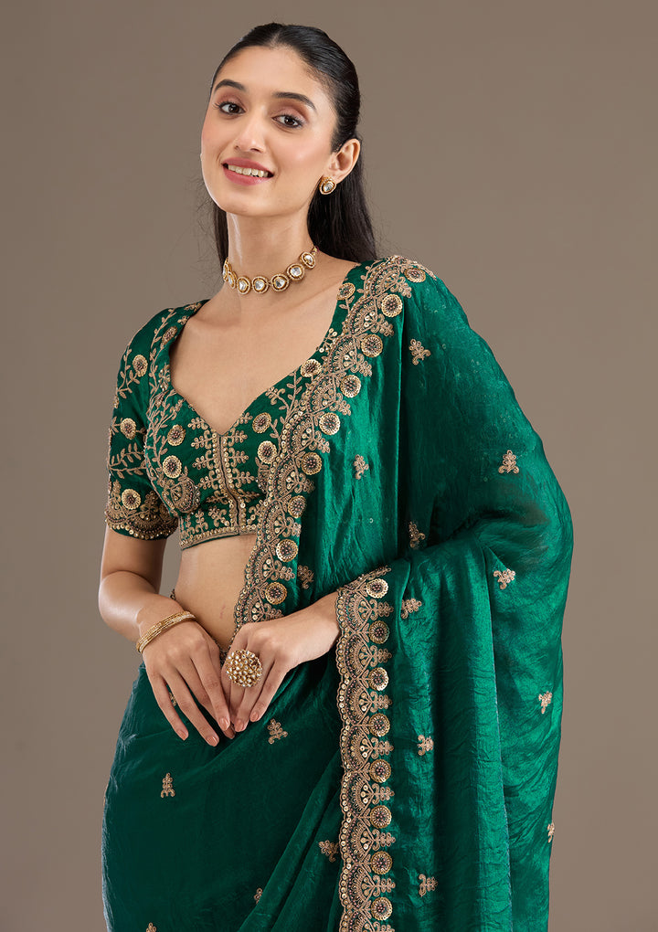 Peacock Green Zariwork Tissue Saree