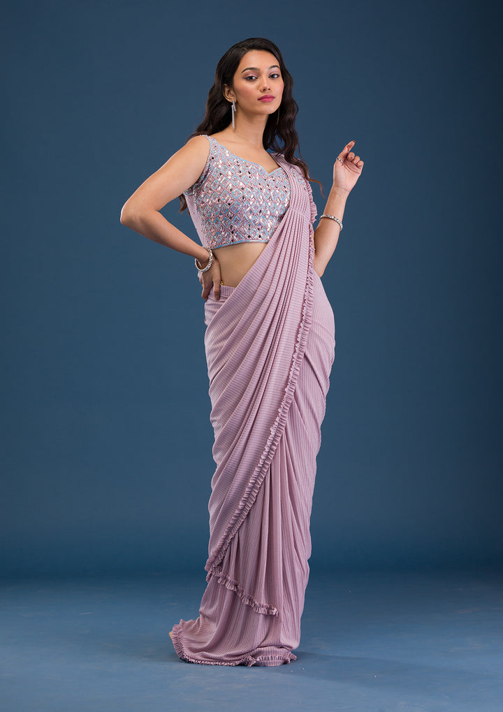 Pink Georgette Mirrorwork Saree With Matching Blouse Piece