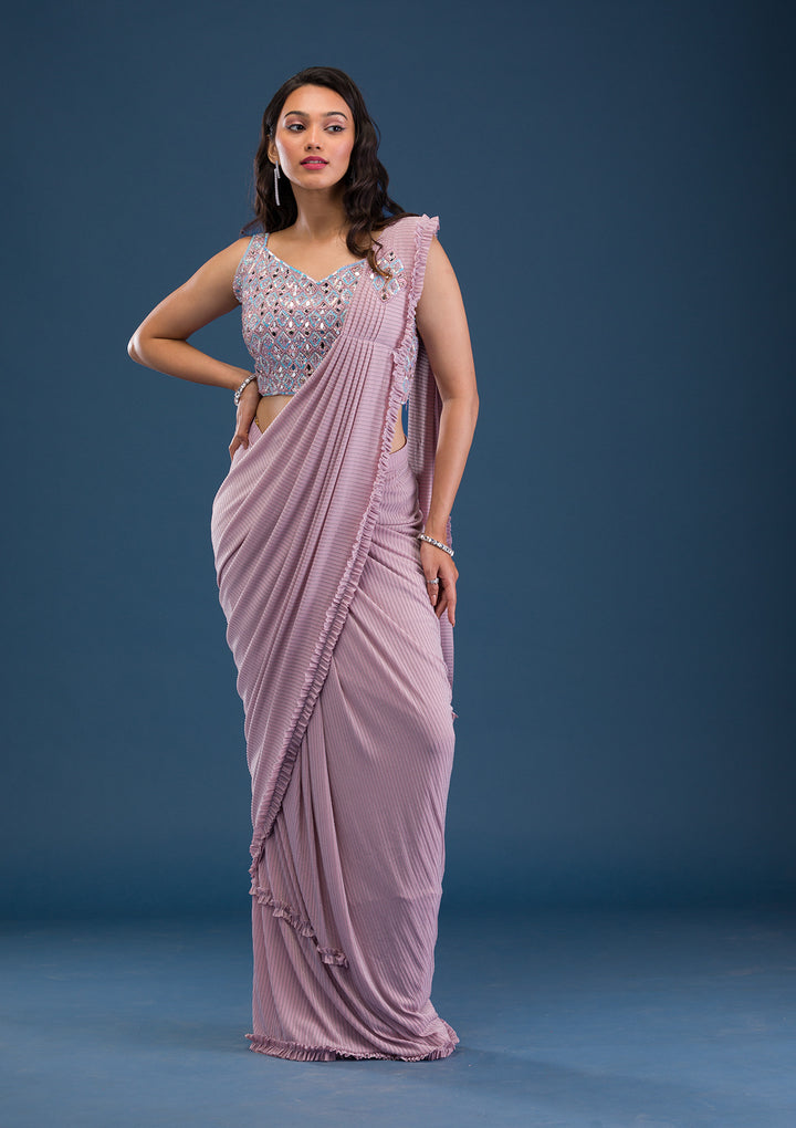 Pink Georgette Mirrorwork Saree With Matching Blouse Piece