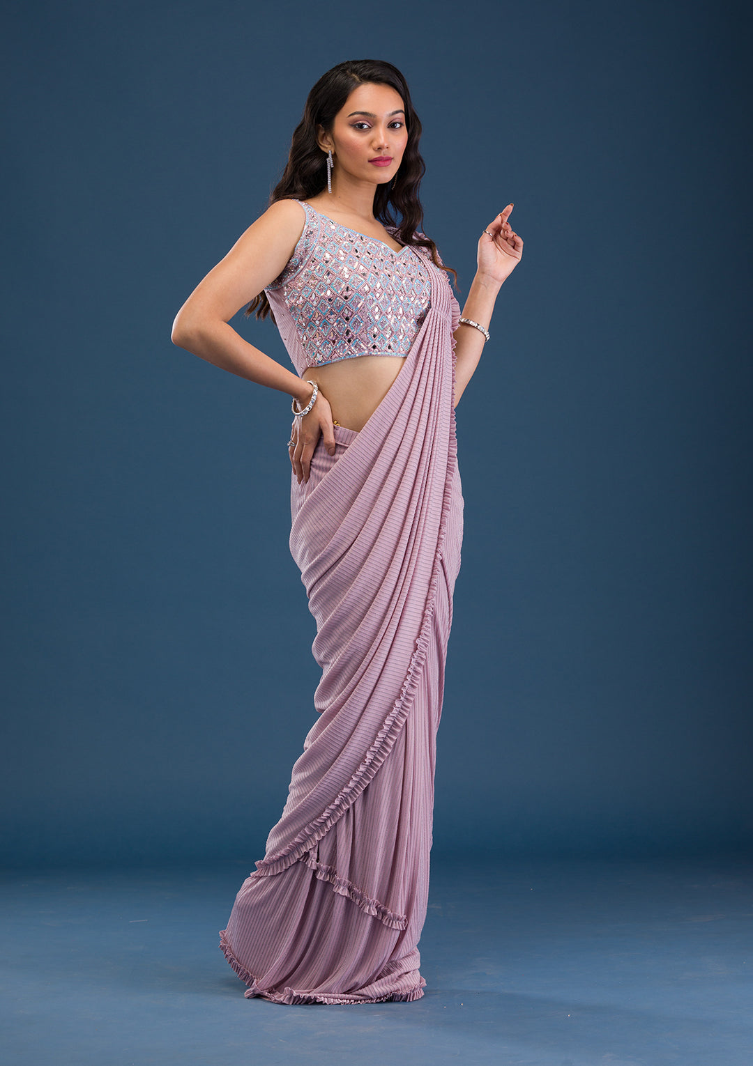 Pink Georgette Mirrorwork Saree With Matching Blouse Piece