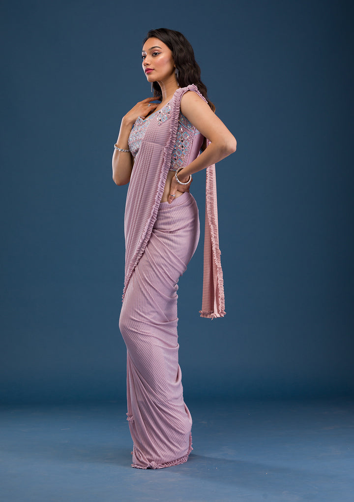 Pink Georgette Mirrorwork Saree With Matching Blouse Piece