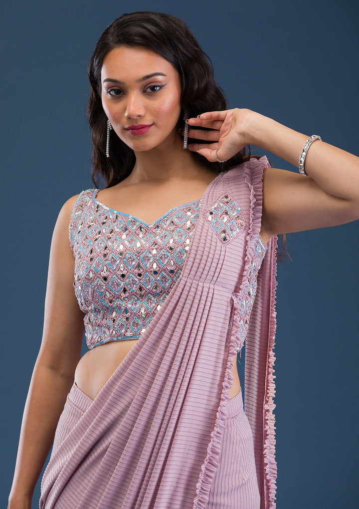 Pink Georgette Mirrorwork Saree With Matching Blouse Piece