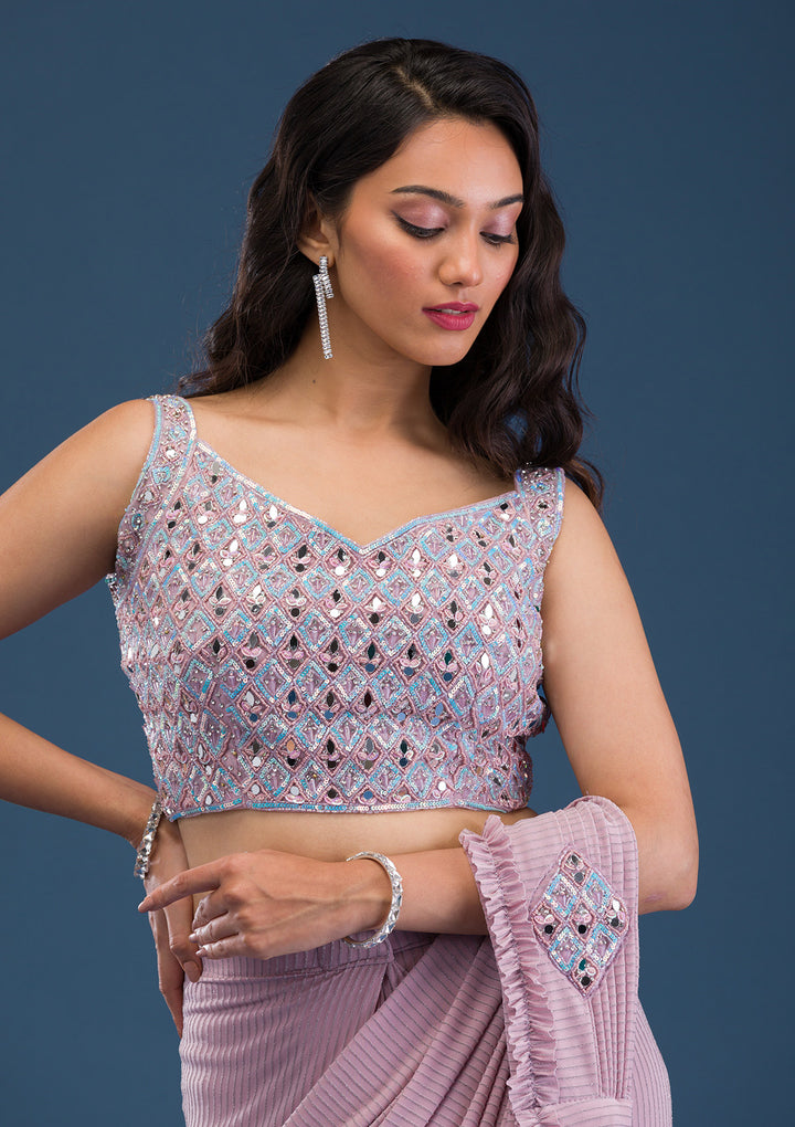 Pink Georgette Mirrorwork Saree With Matching Blouse Piece