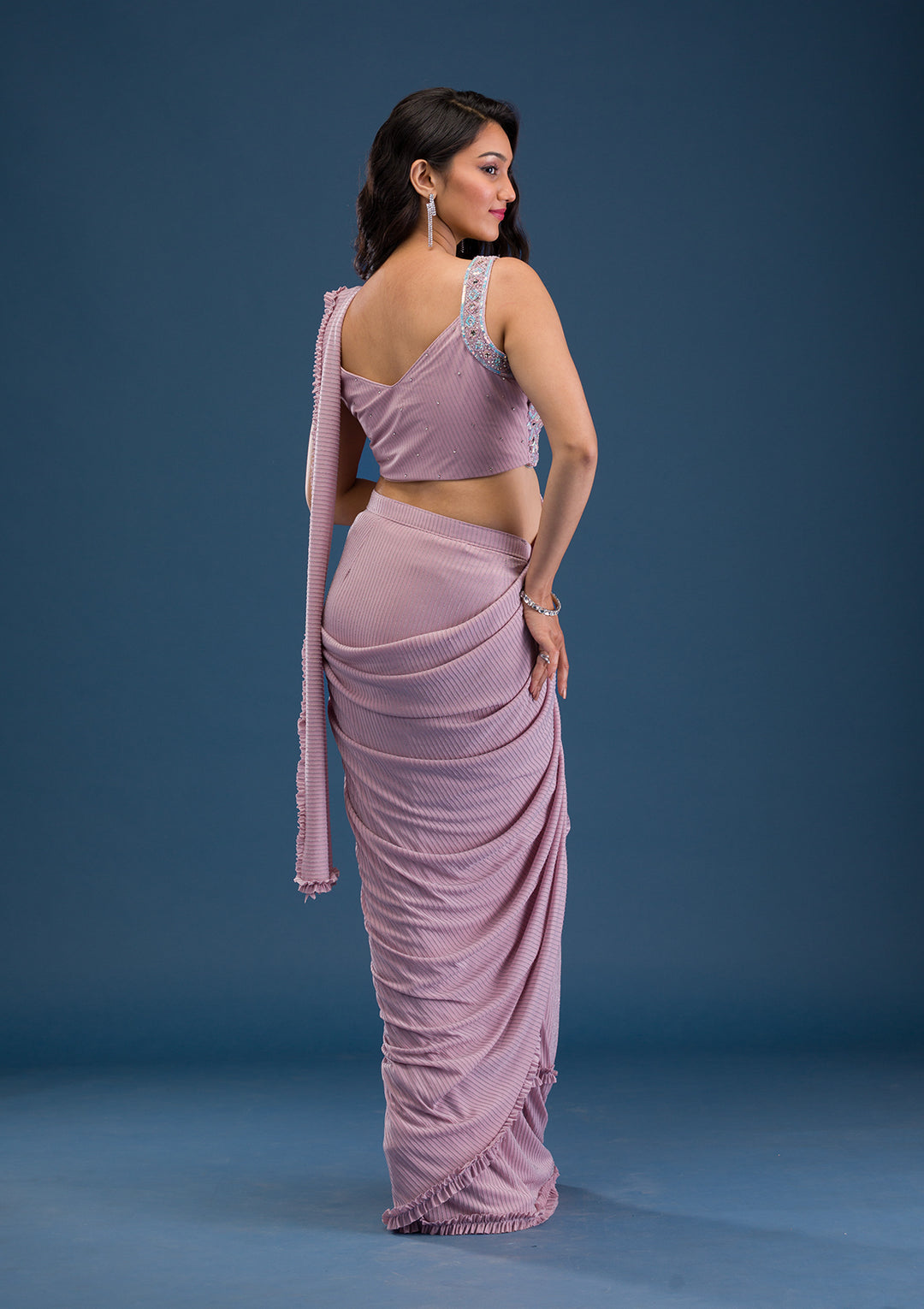 Pink Georgette Mirrorwork Saree With Matching Blouse Piece